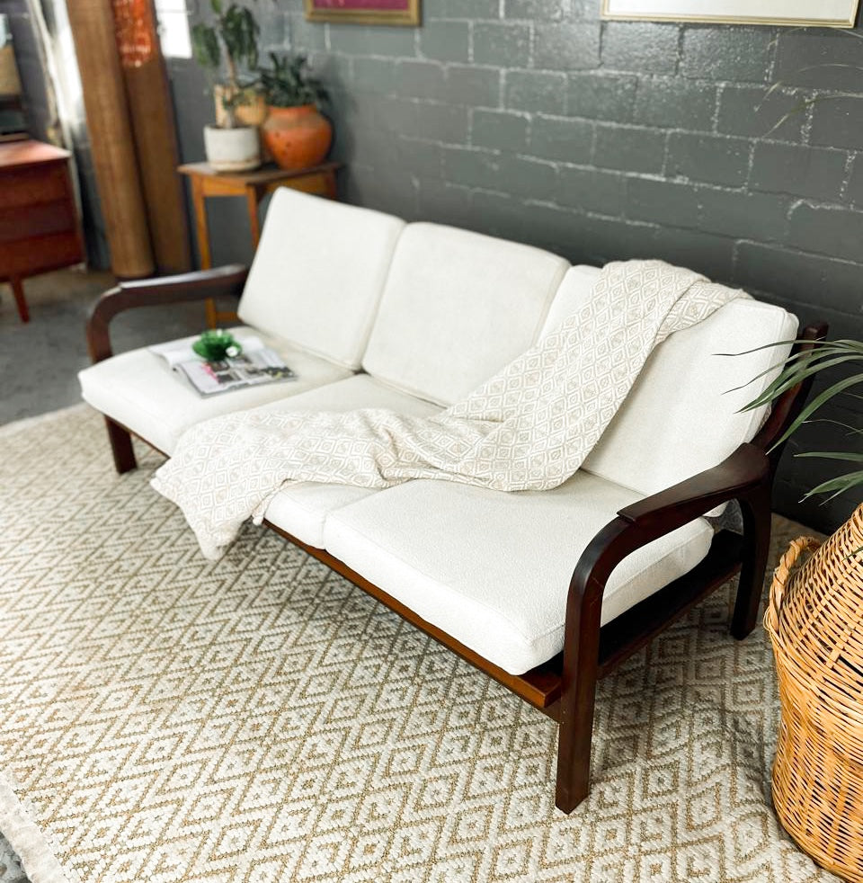 Mid-Century Modern 3 Seater Couch with Boucle Cushions