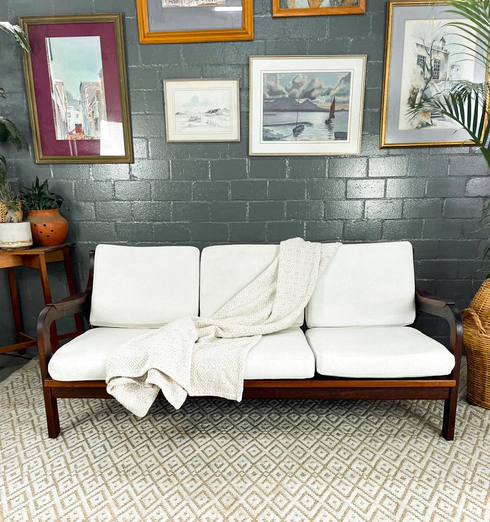 Mid-Century Modern 3 Seater Couch with Boucle Cushions