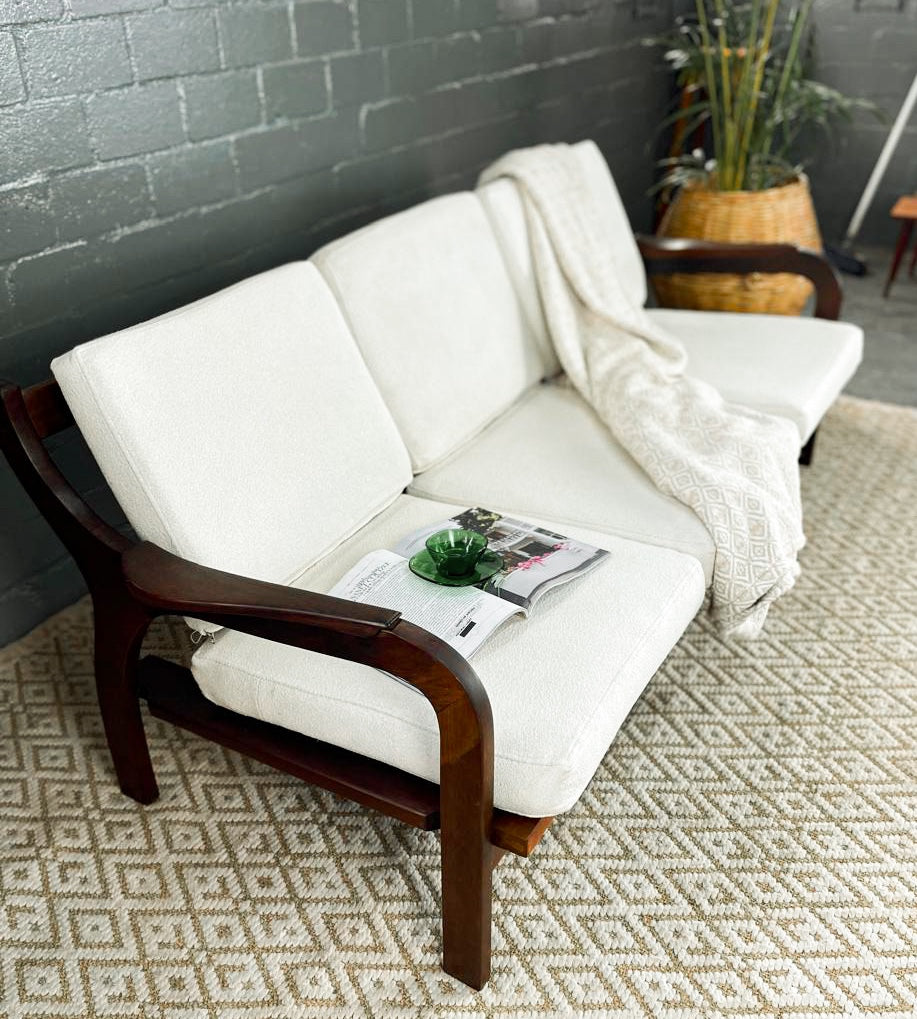 Mid-Century Modern 3 Seater Couch with Boucle Cushions