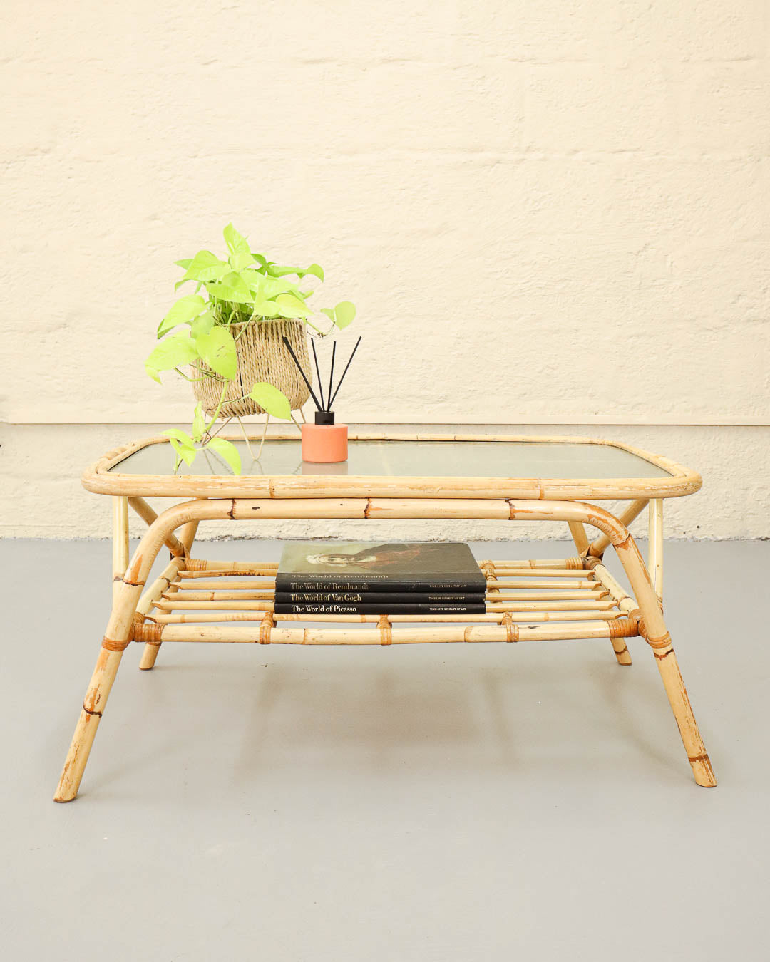 Vintage Cane and Glass Coffee Table