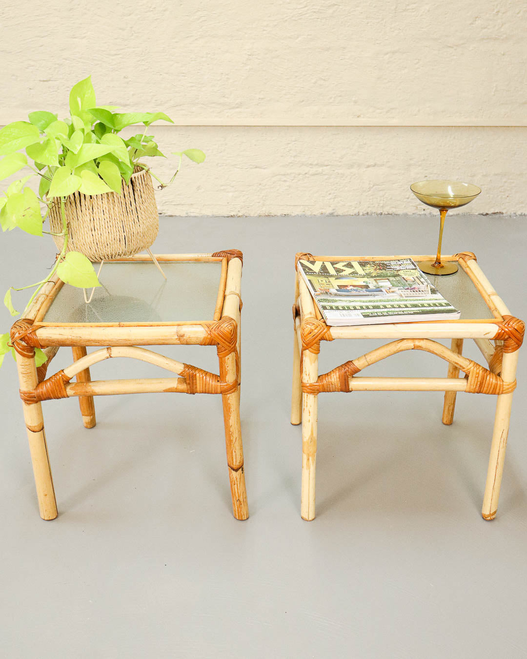 Pair of Vintage Cane and Glass Side Tables