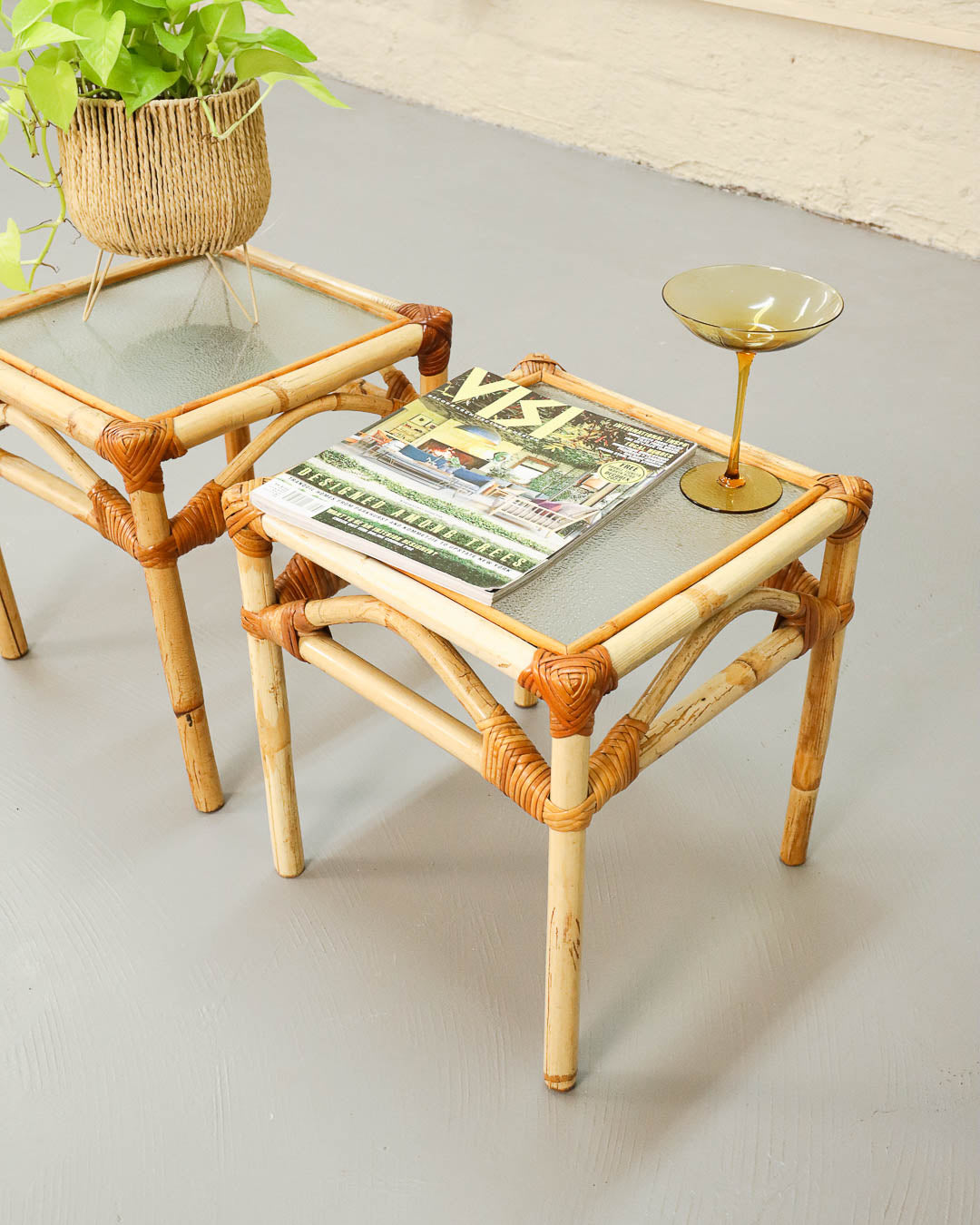 Pair of Vintage Cane and Glass Side Tables