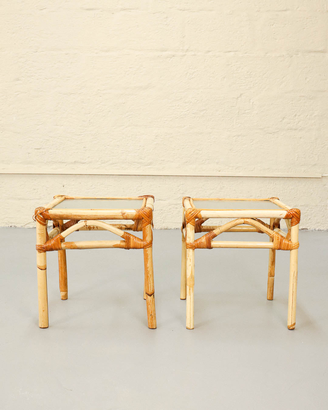 Pair of Vintage Cane and Glass Side Tables