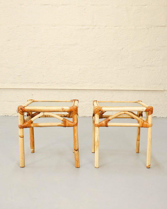 Pair of Vintage Cane and Glass Side Tables