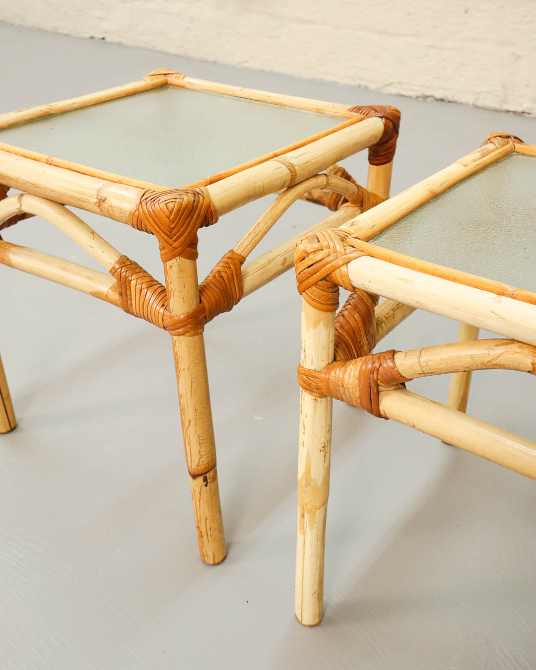 Pair of Vintage Cane and Glass Side Tables