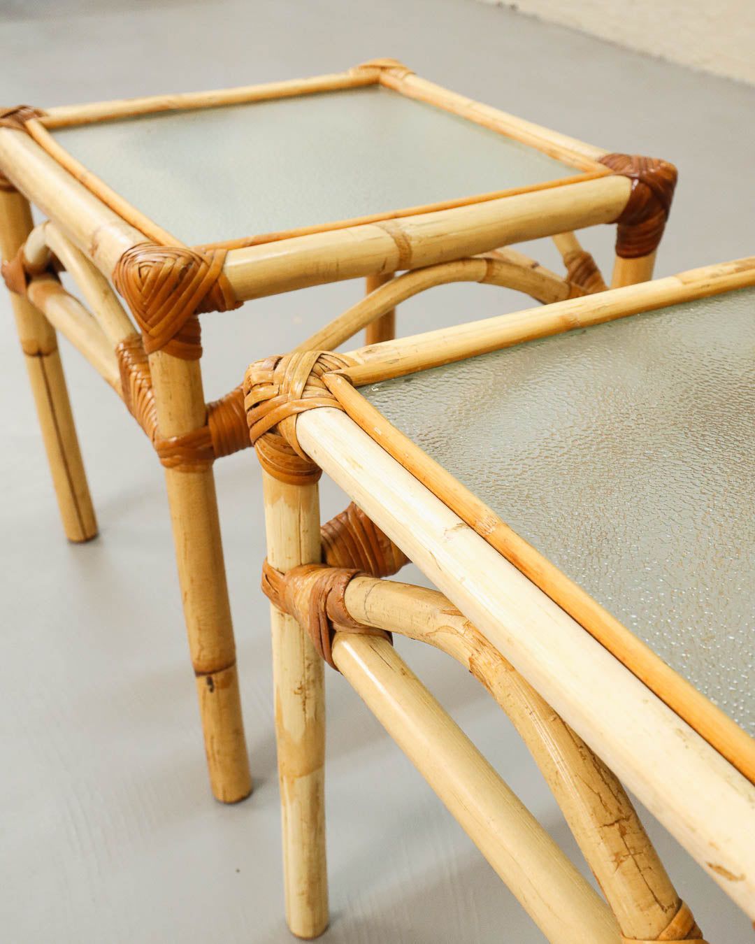 Pair of Vintage Cane and Glass Side Tables