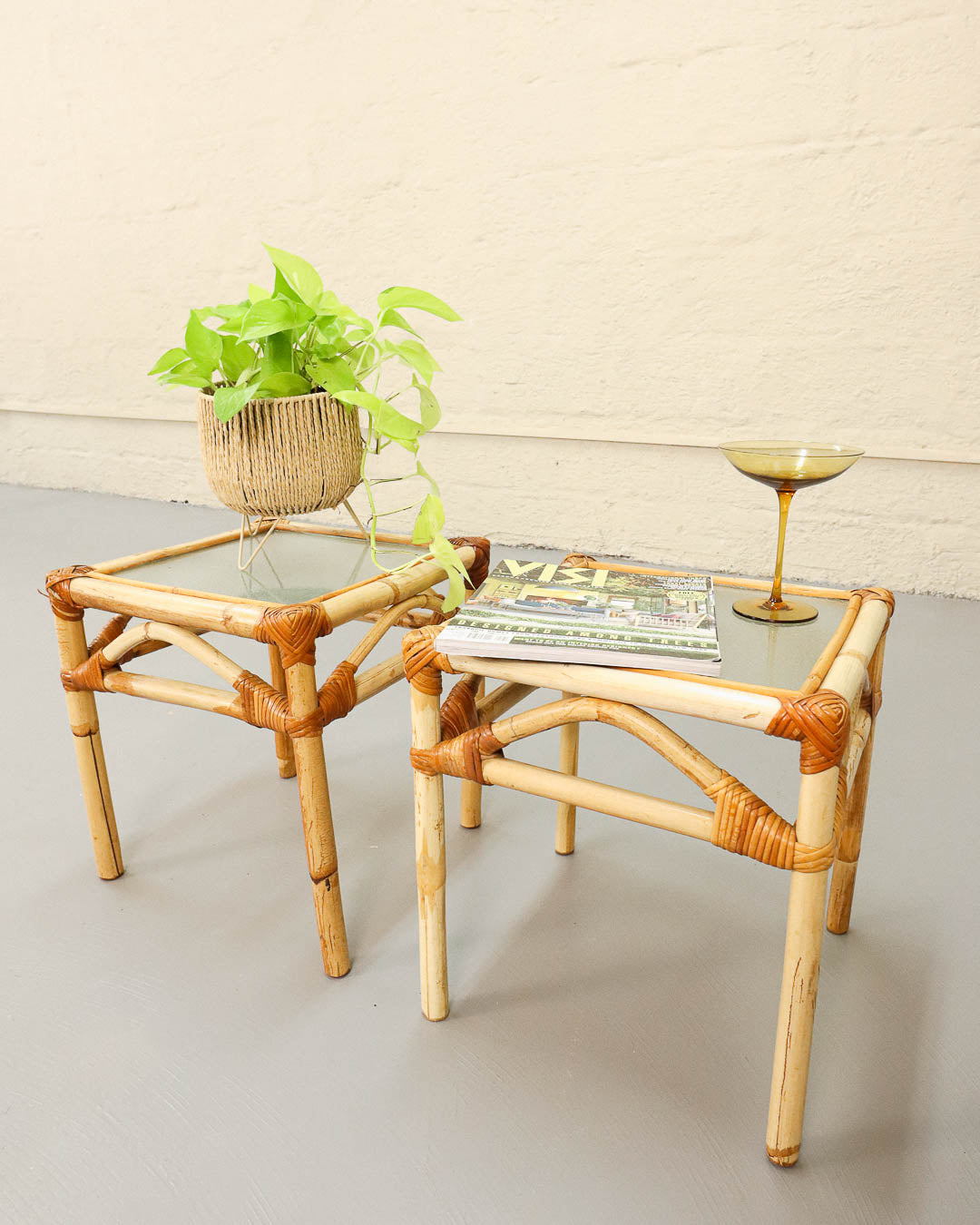 Pair of Vintage Cane and Glass Side Tables