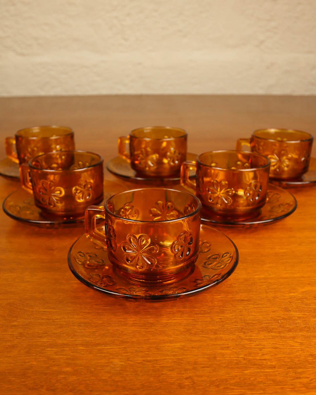 Set of Six Vereco Daisy Glass Cups and Saucers