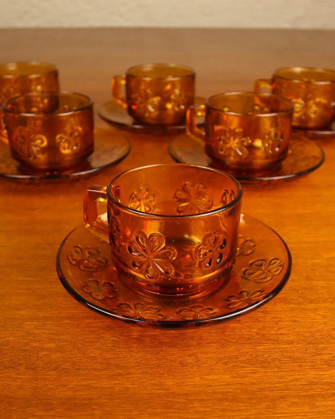 Set of Six Vereco Daisy Glass Cups and Saucers