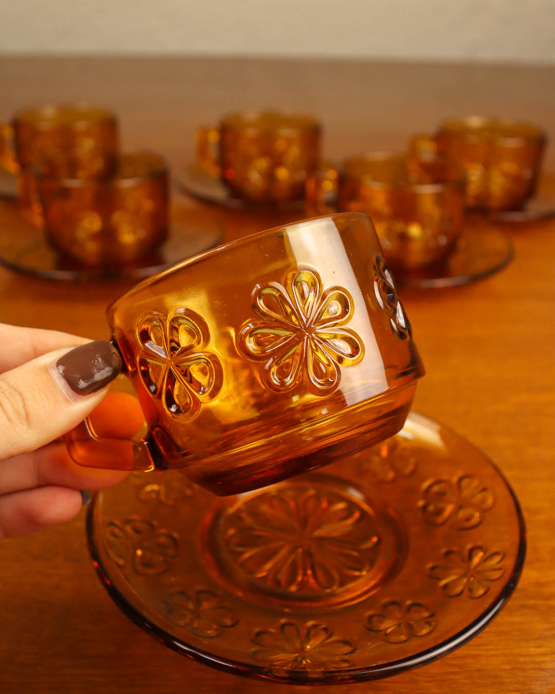 Set of Six Vereco Daisy Glass Cups and Saucers