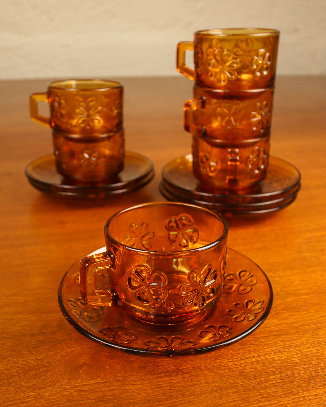 Set of Six Vereco Daisy Glass Cups and Saucers