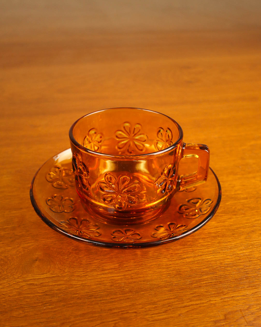 Set of Six Vereco Daisy Glass Cups and Saucers