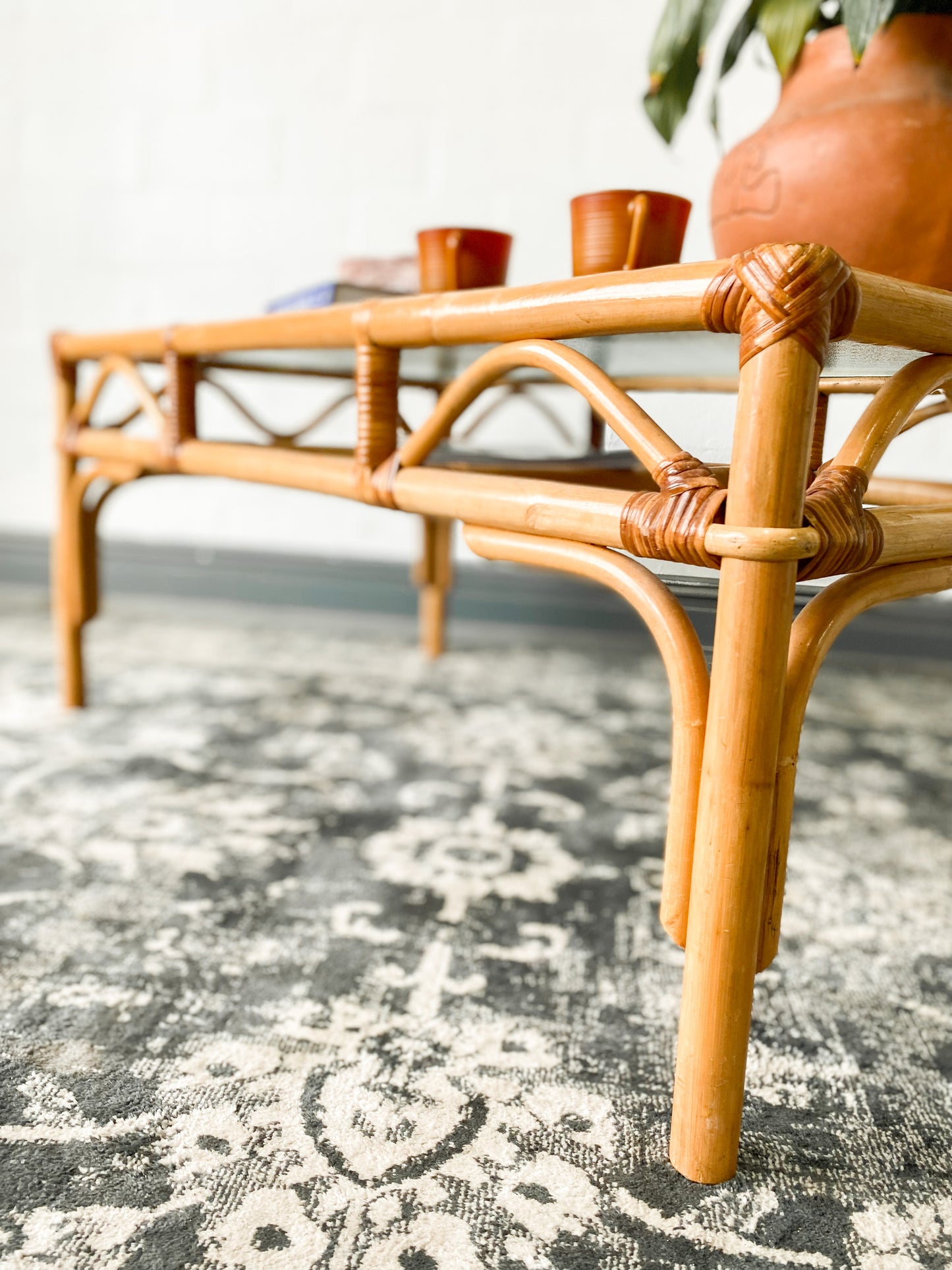 Cane Coffee Table with Shelf & Bubble Glass