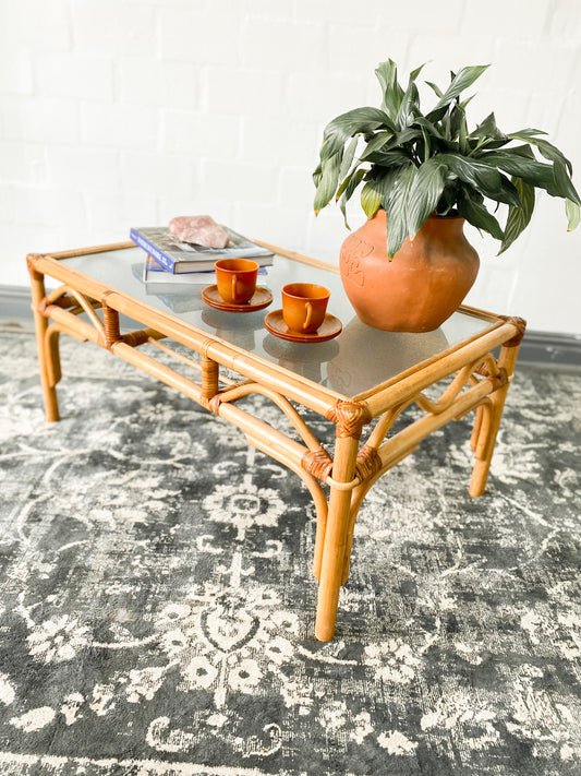 Cane Coffee Table with Shelf & Bubble Glass