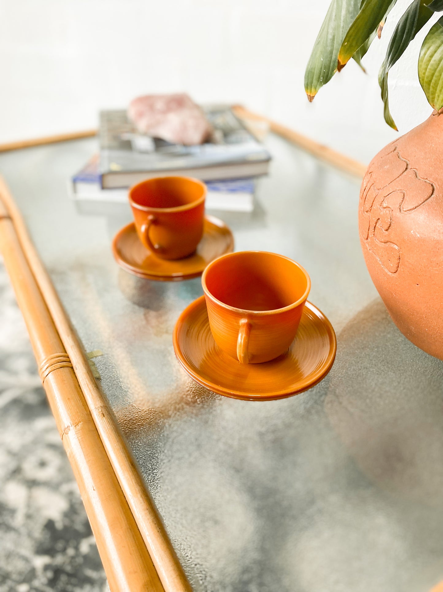 Cane Coffee Table with Shelf & Bubble Glass