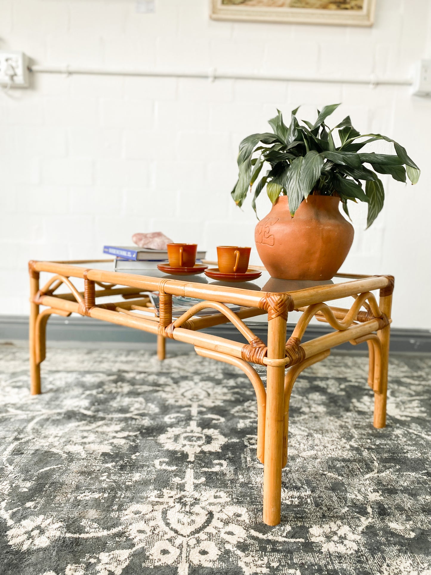 Cane Coffee Table with Shelf & Bubble Glass