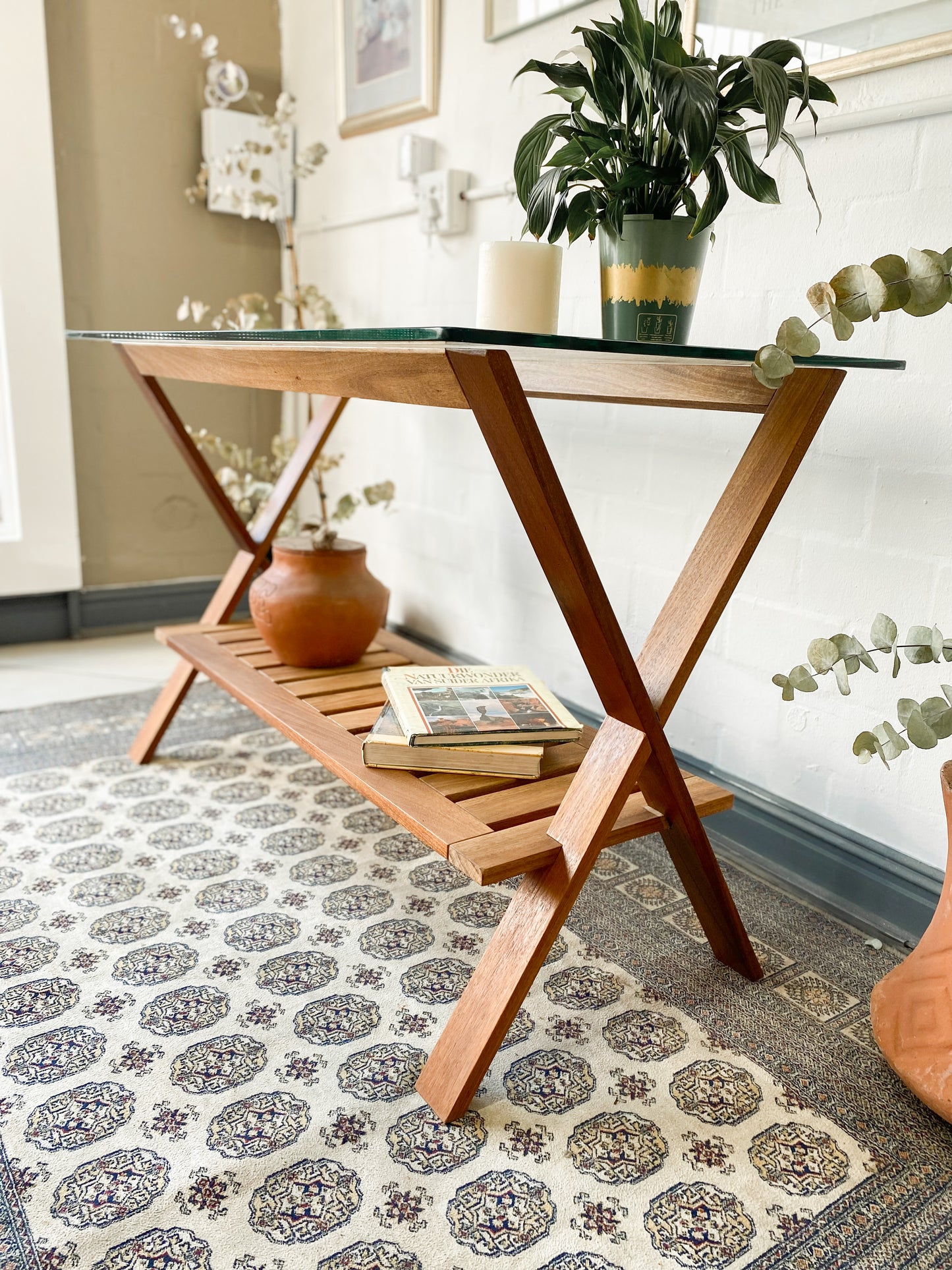 Glass Top Cross Legged Entry Table