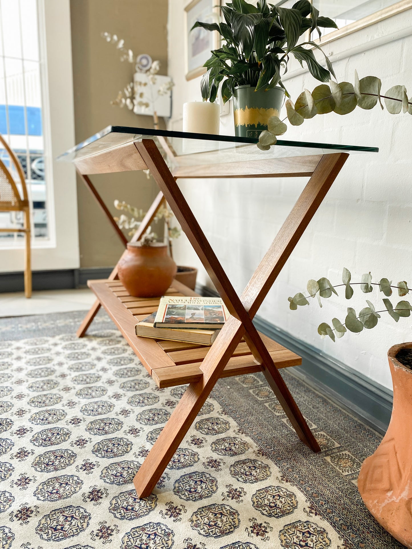 Glass Top Cross Legged Entry Table