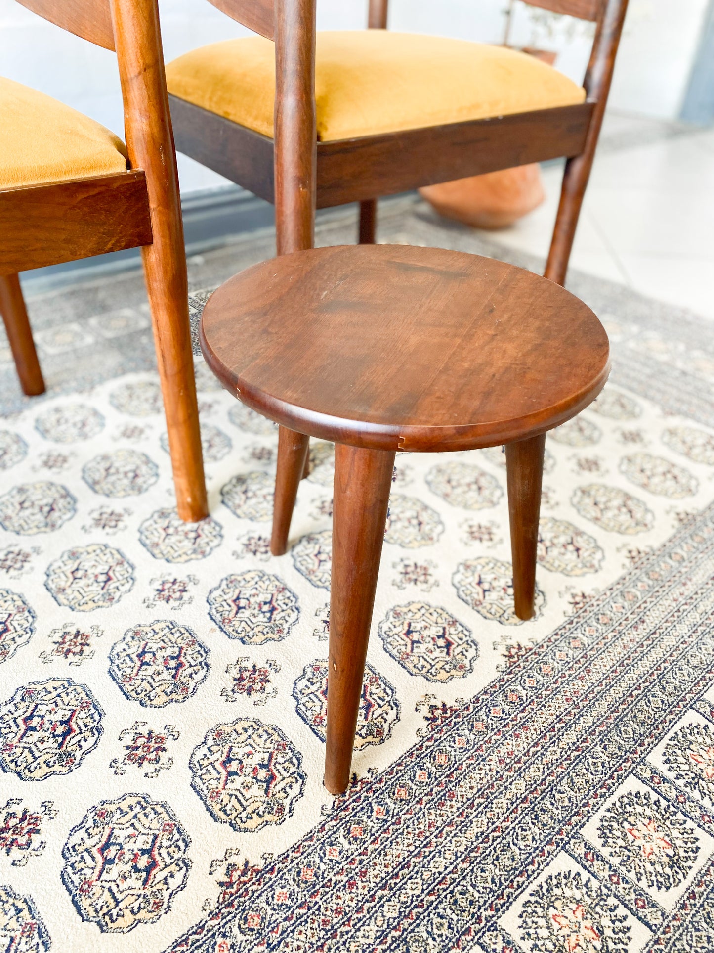 Set of two solid wood Mid-Century Modern Arm Chairs and side table.