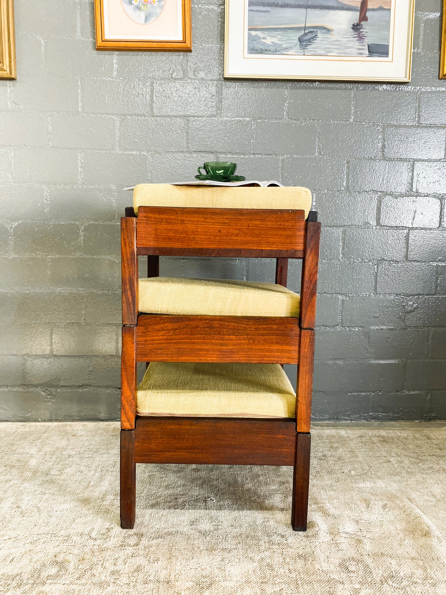 Mid Century Stackable Stools with Lime Cushions
