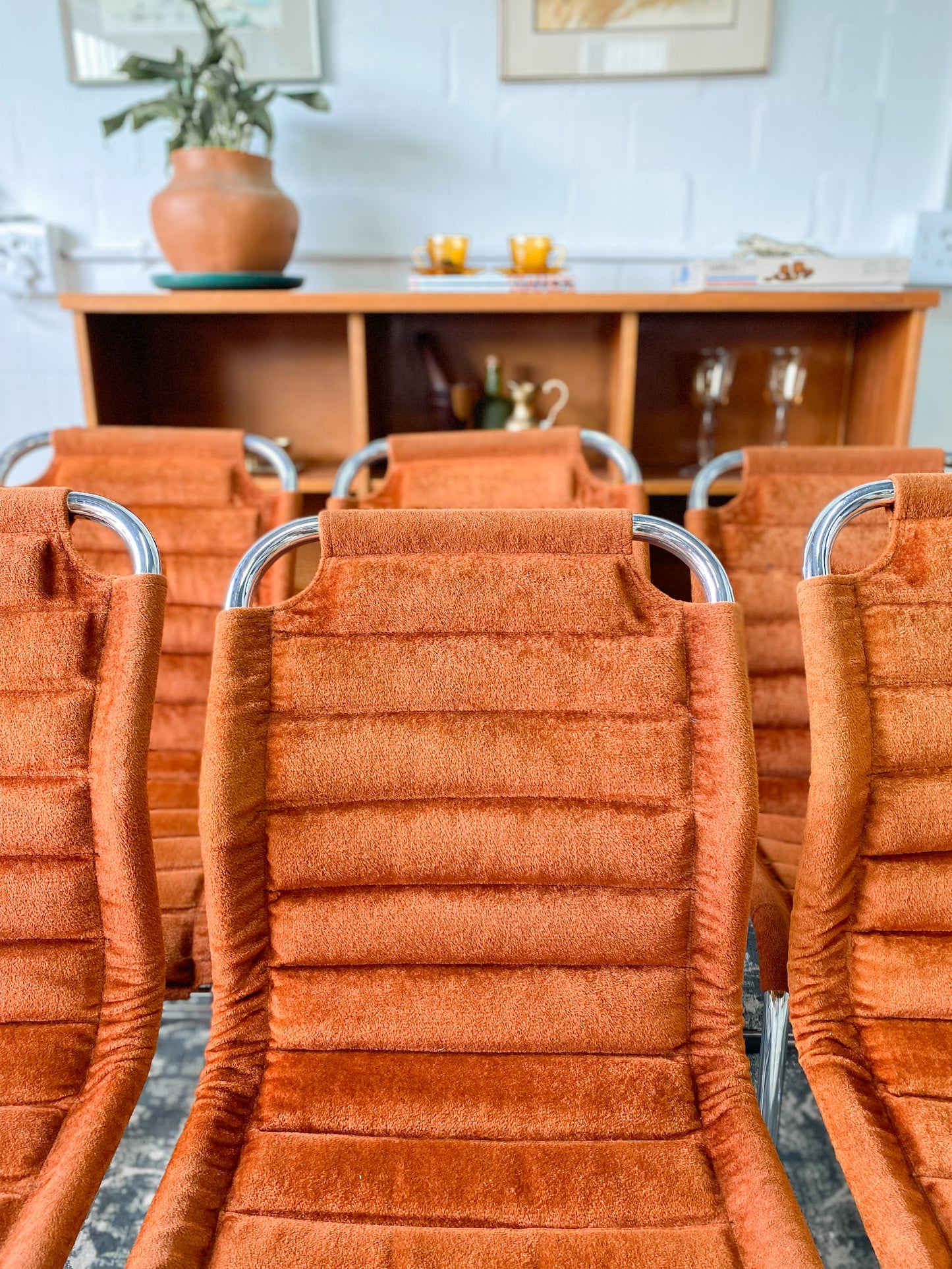 Six Bauhaus Tubular Dining Chairs in Burnt Umber Upholstery