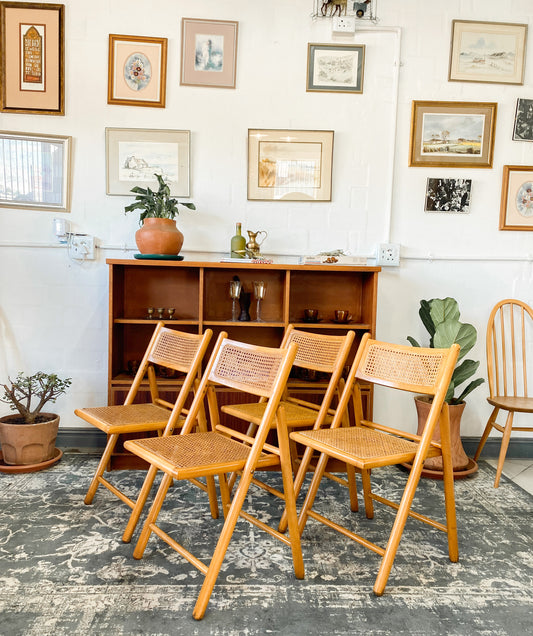 Set of 4 Retro Cane and Beechwood Folding Chairs