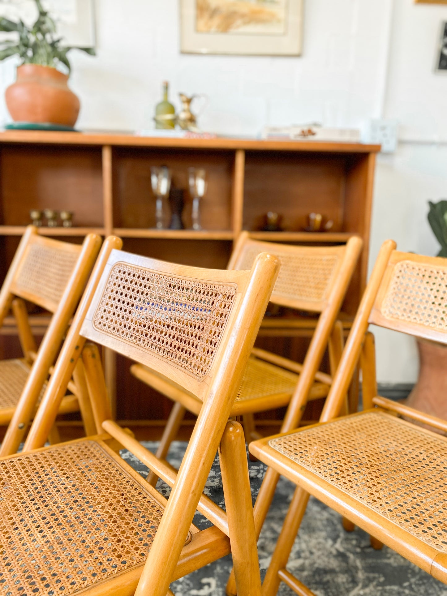 Set of 4 Retro Cane and Beechwood Folding Chairs