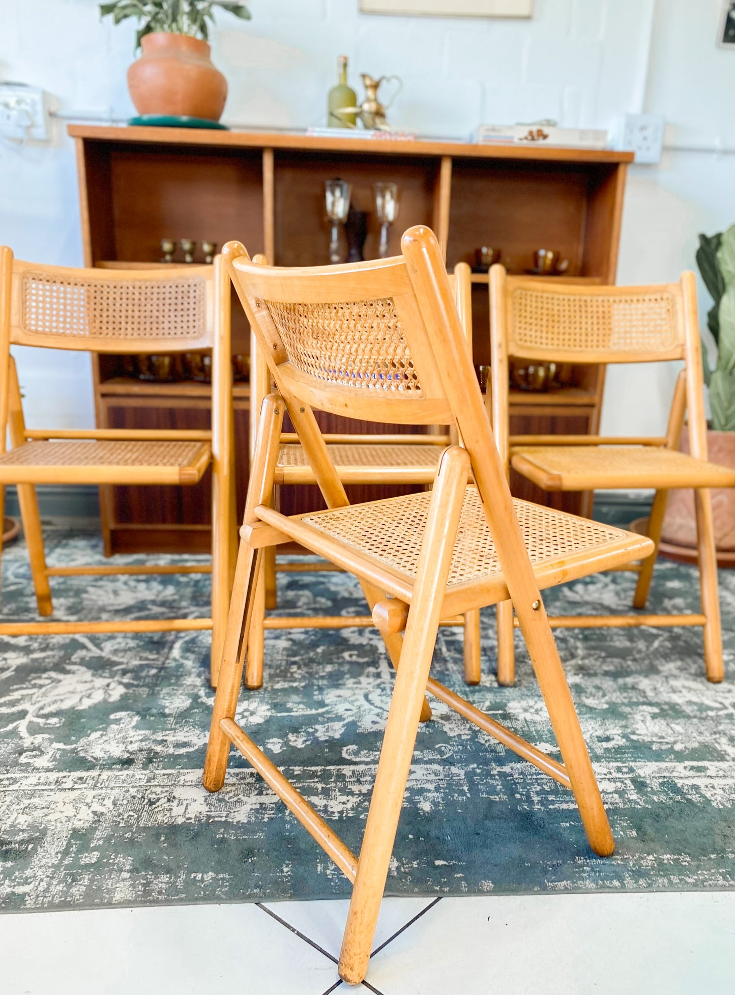 Set of 4 Retro Cane and Beechwood Folding Chairs