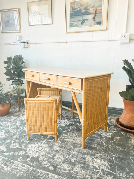 Woven Wicker Dresser & Cane Stool