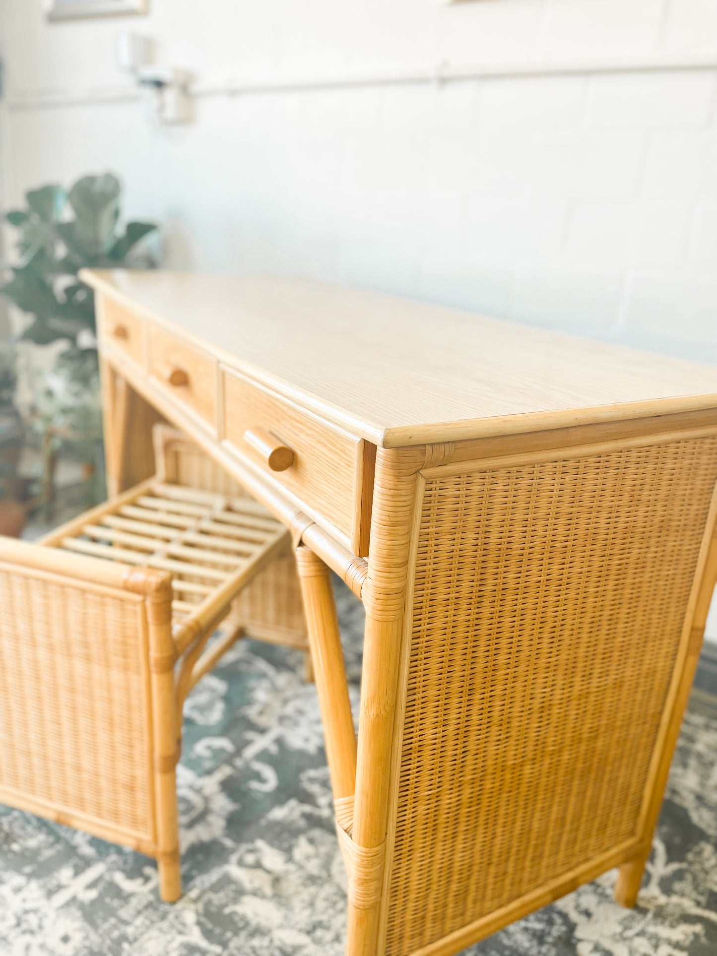 Woven Wicker Dresser & Cane Stool