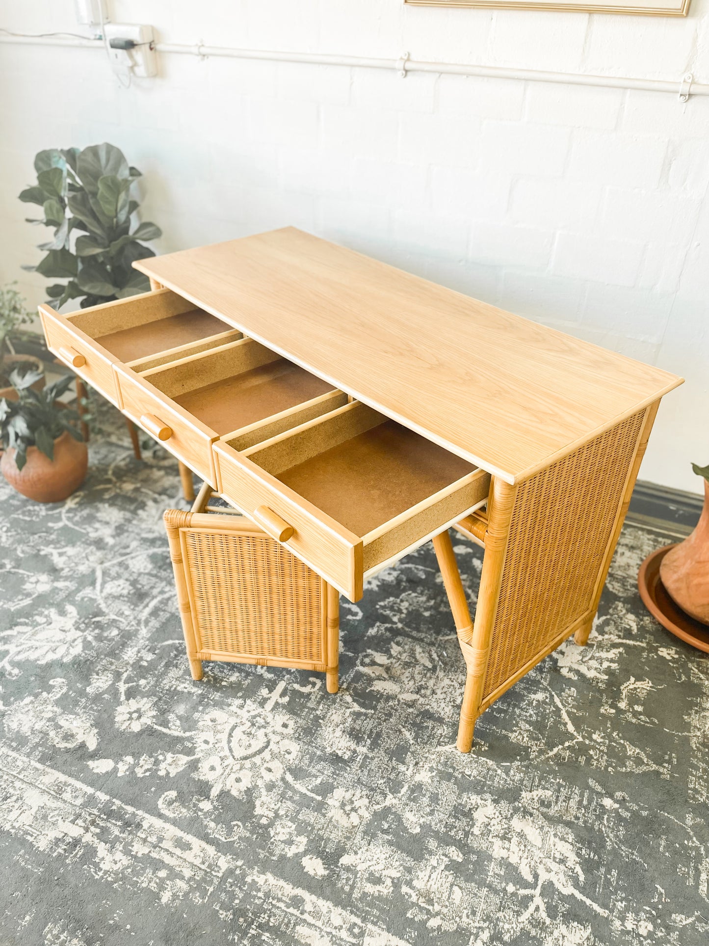 Woven Wicker Dresser & Cane Stool