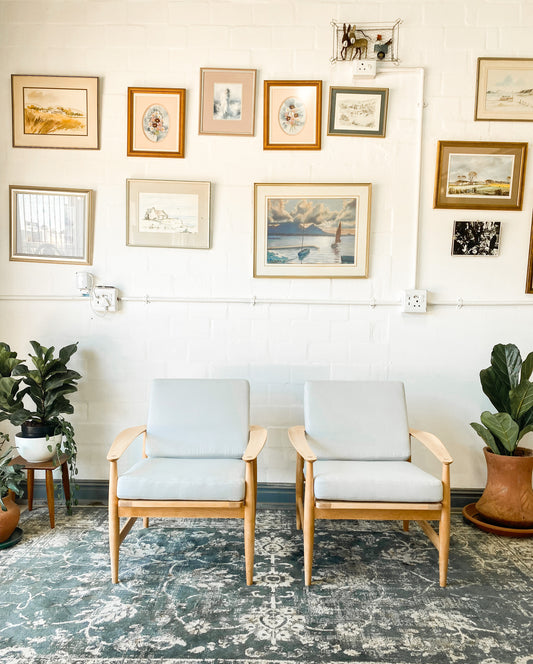 Pair of Swedish Armchairs Featuring Cool Blue Upholstered Cushions.