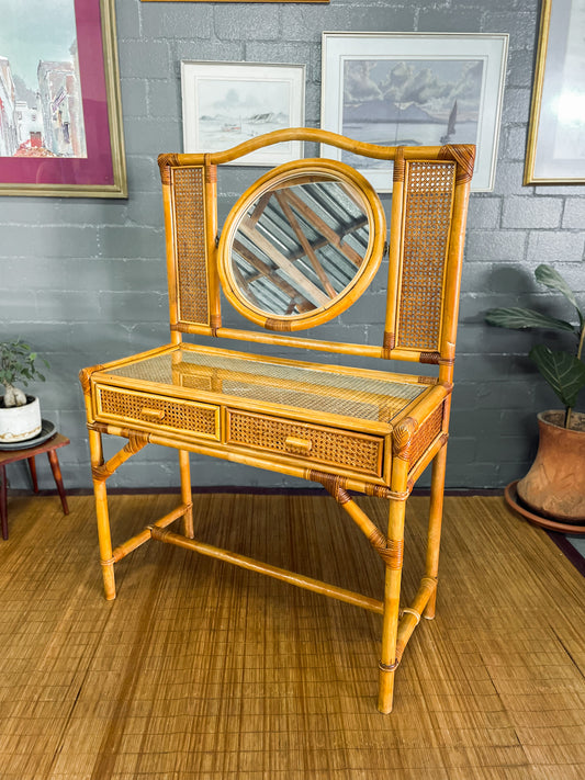 Cane Dresser with Circular Mirror