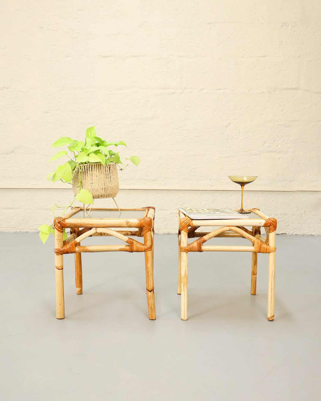 Pair of Vintage Cane and Glass Side Tables