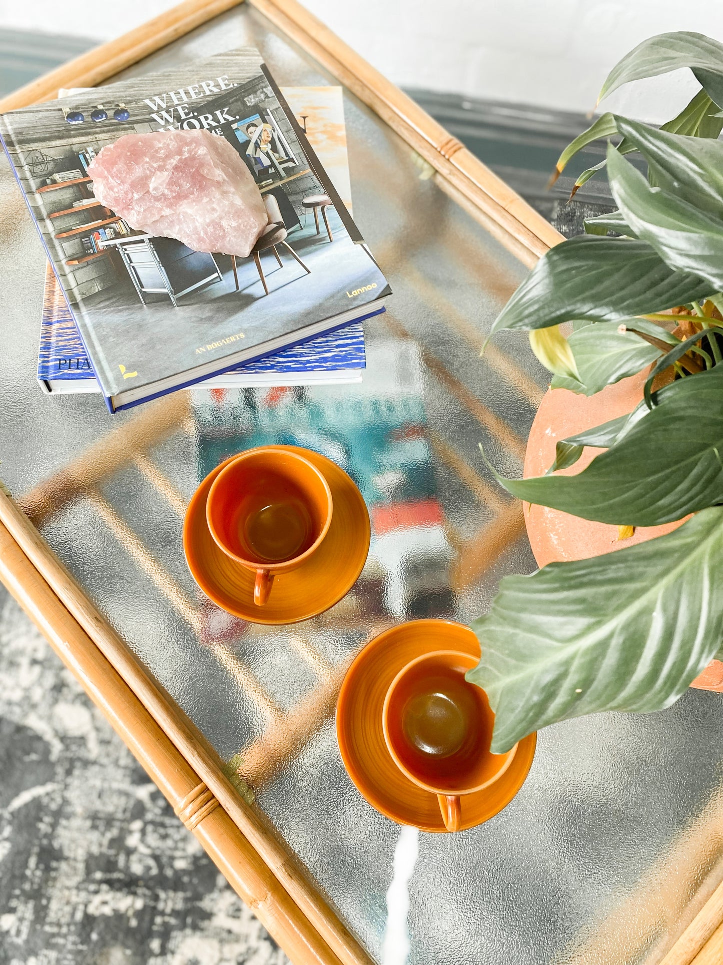 Cane Coffee Table with Shelf & Bubble Glass