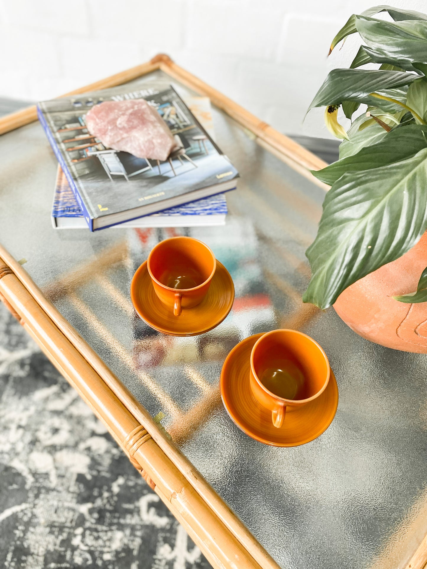 Cane Coffee Table with Shelf & Bubble Glass