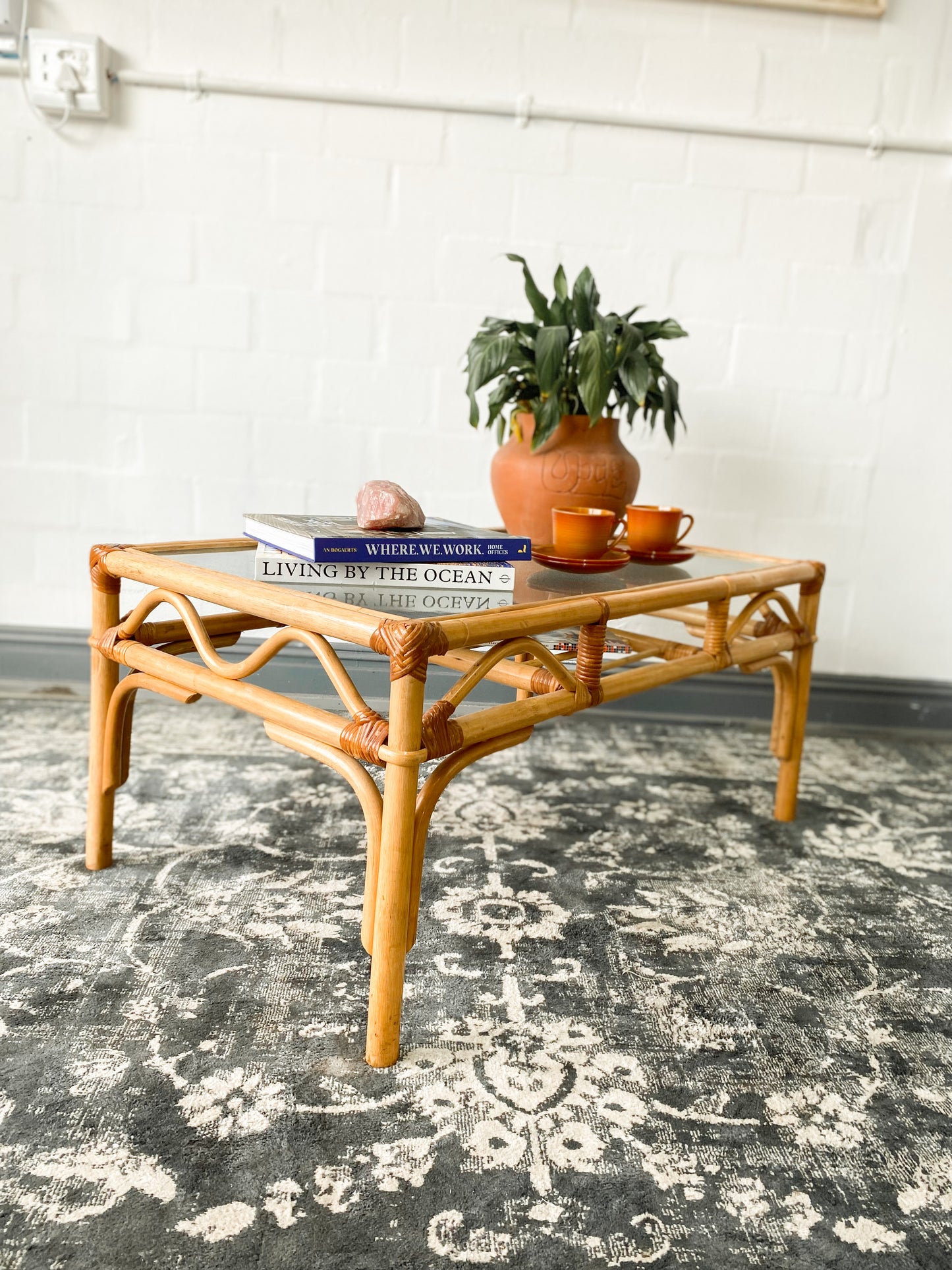 Cane Coffee Table with Shelf & Bubble Glass