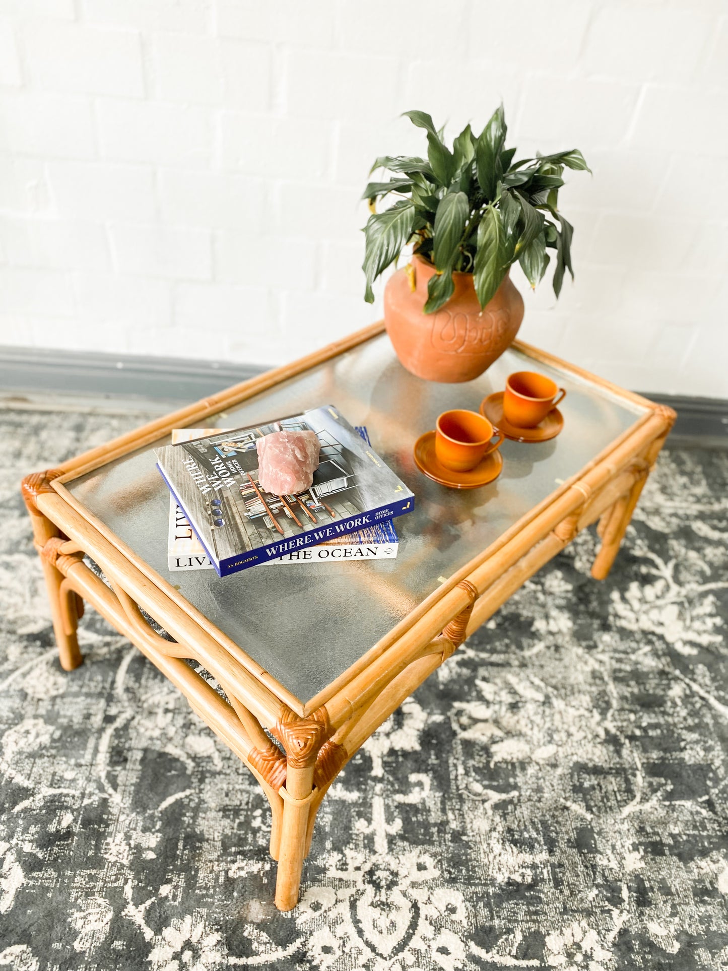 Cane Coffee Table with Shelf & Bubble Glass
