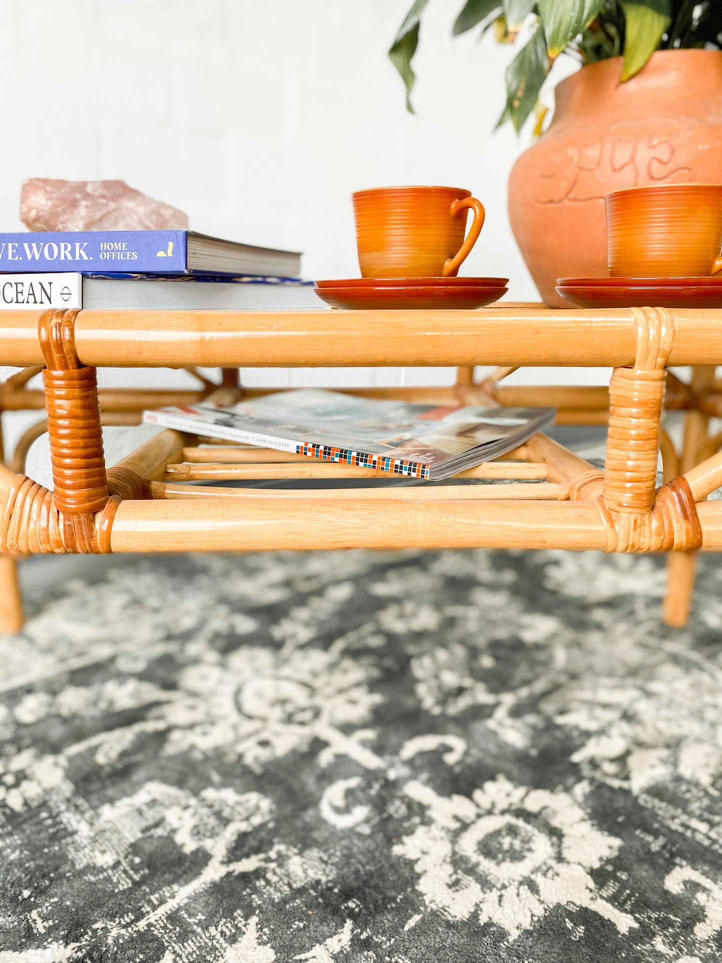 Cane Coffee Table with Shelf & Bubble Glass