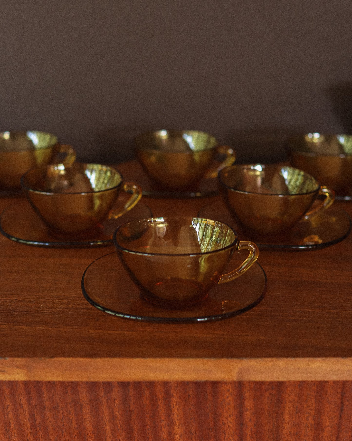 French Amber Glass Retro Cup & Saucer Set by Vereco c.1960
