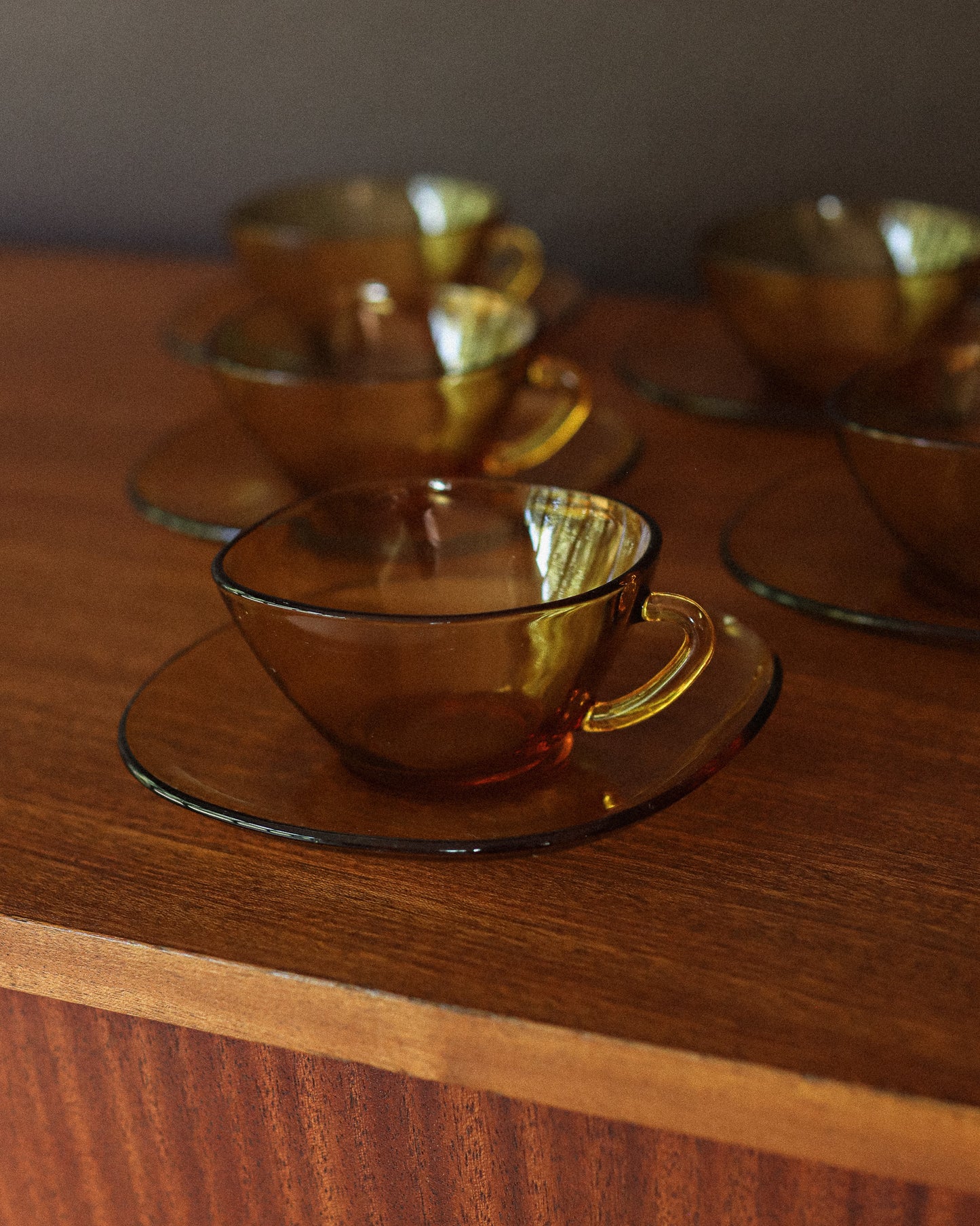 French Amber Glass Retro Cup & Saucer Set by Vereco c.1960
