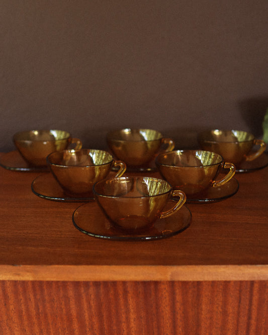 French Amber Glass Retro Cup & Saucer Set by Vereco c.1960