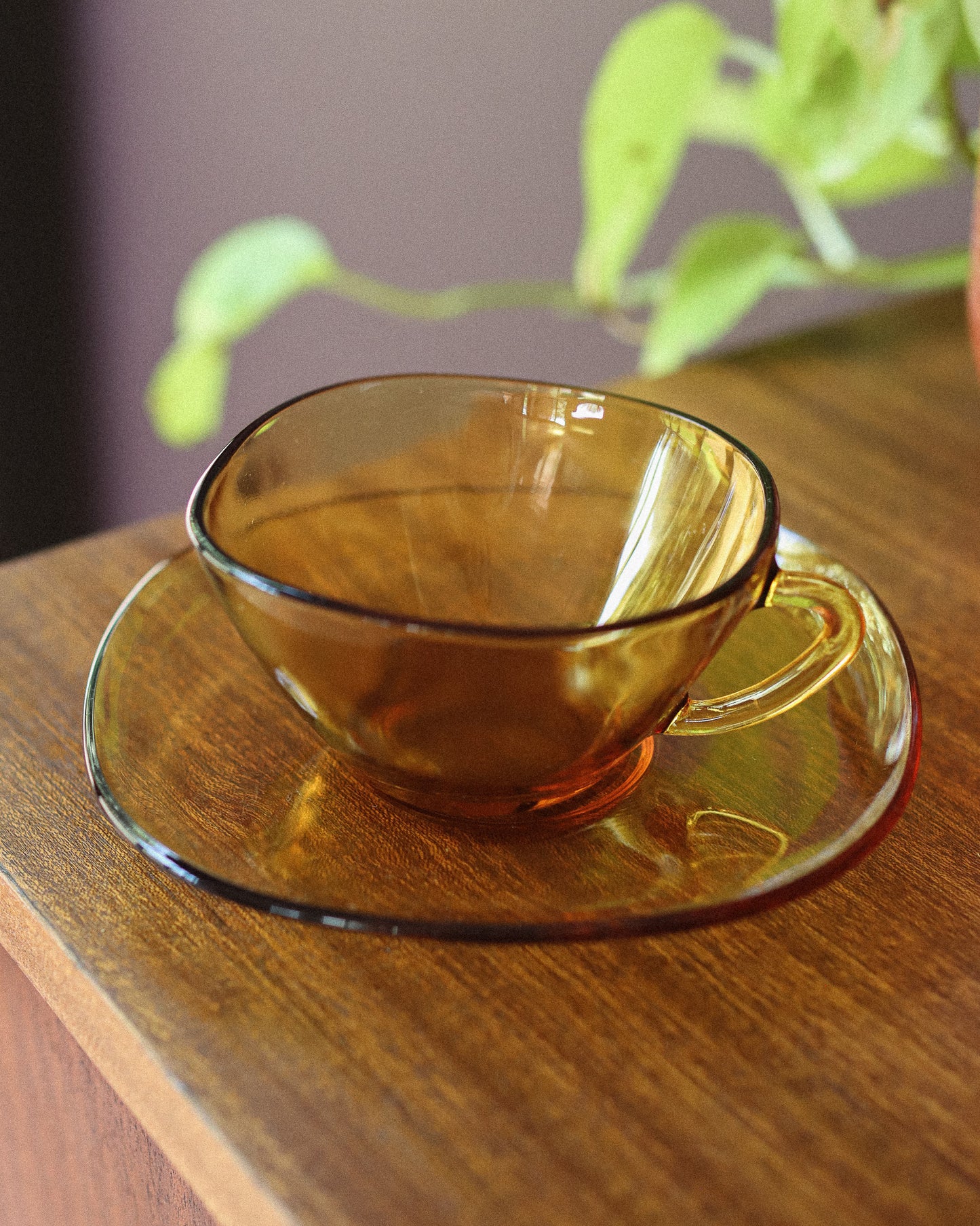 French Amber Glass Retro Cup & Saucer Set by Vereco c.1960