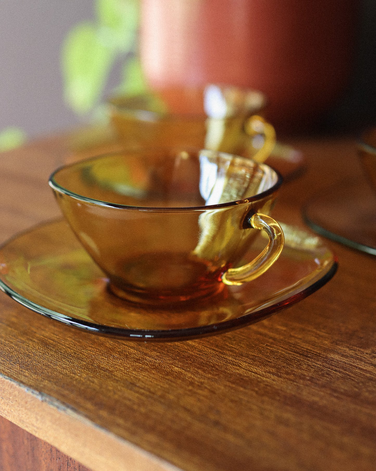 French Amber Glass Retro Cup & Saucer Set by Vereco c.1960